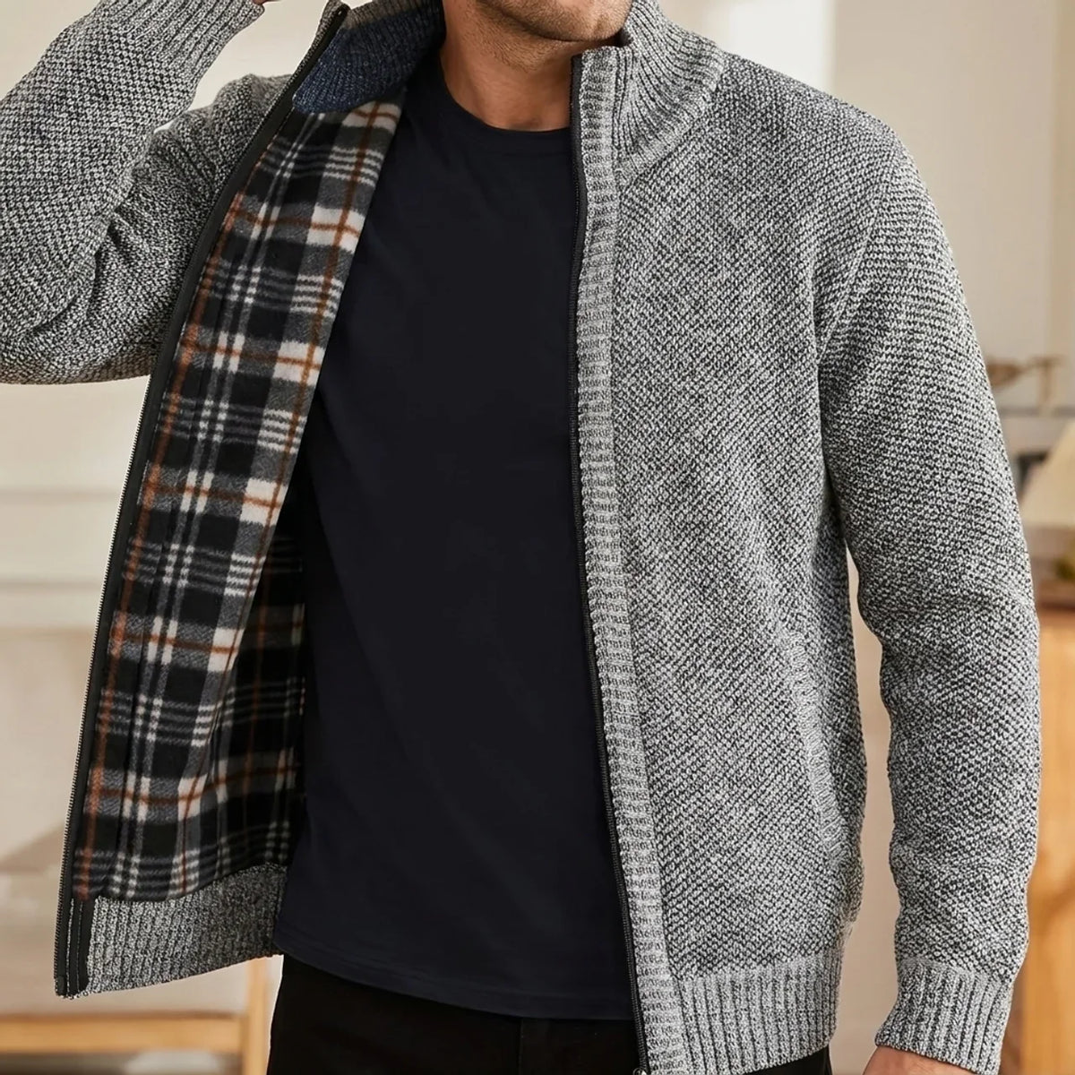 Fleece-Lined Knit Zip Cardigan