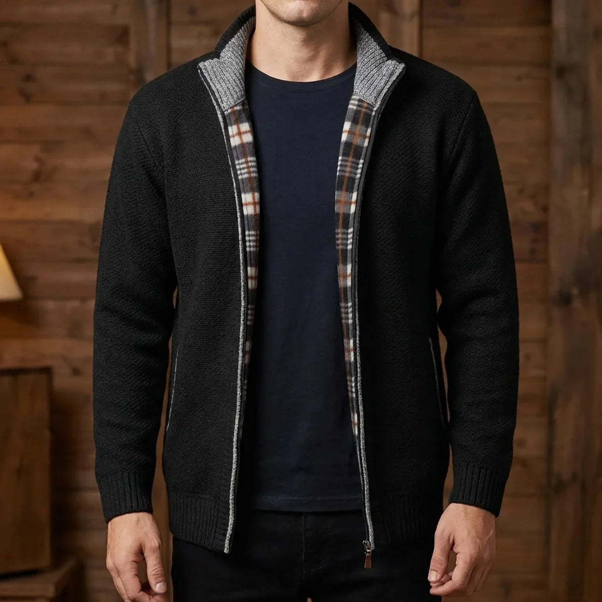 Fleece-Lined Knit Zip Cardigan