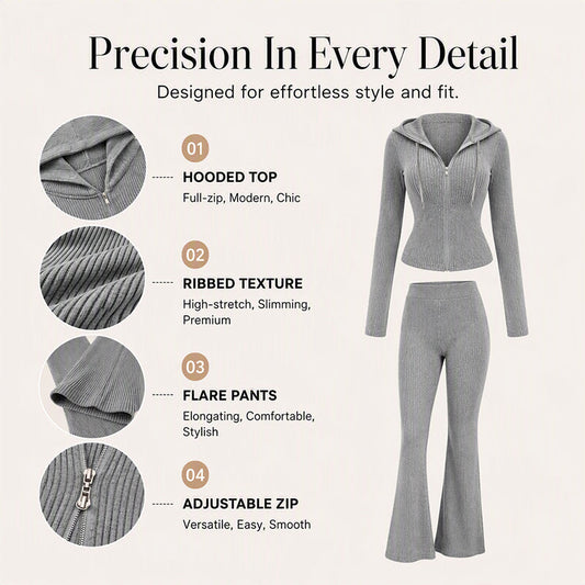 Women's Ribbed Hooded Zip-Up Jacket & Flare Pants Set