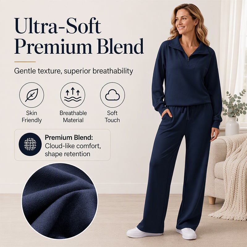 🖤 BLACK FRIDAY SALE 🖤 ☁️ Women's Half-Zip Lapel Top & Wide-Leg Pants Set | Chic Collar & Relaxed Fit