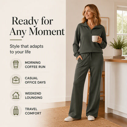 🖤 BLACK FRIDAY SALE 🖤 ☁️ Women's Half-Zip Lapel Top & Wide-Leg Pants Set | Chic Collar & Relaxed Fit