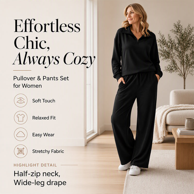 🖤 BLACK FRIDAY SALE 🖤 ☁️ Women's Half-Zip Lapel Top & Wide-Leg Pants Set | Chic Collar & Relaxed Fit
