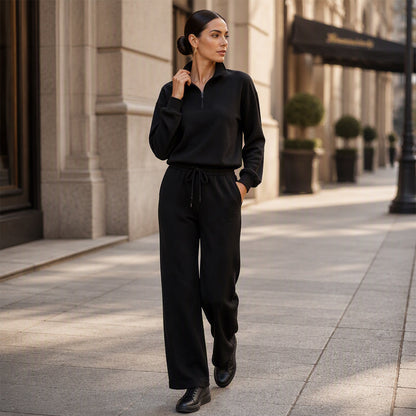 🖤 BLACK FRIDAY SALE 🖤 ☁️ Women's Half-Zip Lapel Top & Wide-Leg Pants Set | Chic Collar & Relaxed Fit