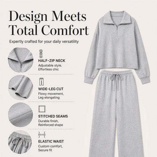 🖤 BLACK FRIDAY SALE 🖤 ☁️ Women's Half-Zip Lapel Top & Wide-Leg Pants Set | Chic Collar & Relaxed Fit