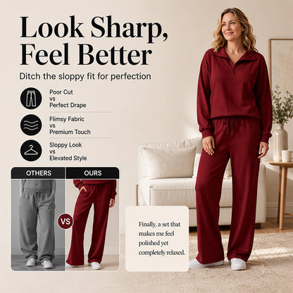 🖤 BLACK FRIDAY SALE 🖤 ☁️ Women's Half-Zip Lapel Top & Wide-Leg Pants Set | Chic Collar & Relaxed Fit