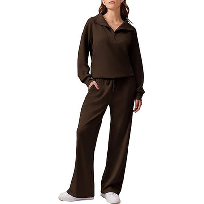 🖤 BLACK FRIDAY SALE 🖤 ☁️ Women's Half-Zip Lapel Top & Wide-Leg Pants Set | Chic Collar & Relaxed Fit