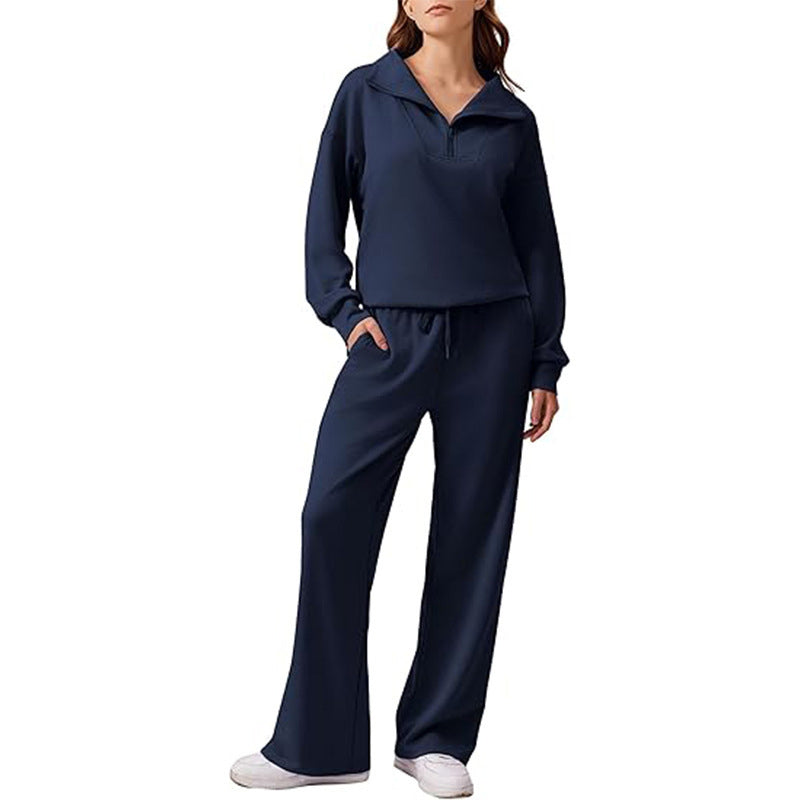 🖤 BLACK FRIDAY SALE 🖤 ☁️ Women's Half-Zip Lapel Top & Wide-Leg Pants Set | Chic Collar & Relaxed Fit