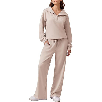 🖤 BLACK FRIDAY SALE 🖤 ☁️ Women's Half-Zip Lapel Top & Wide-Leg Pants Set | Chic Collar & Relaxed Fit